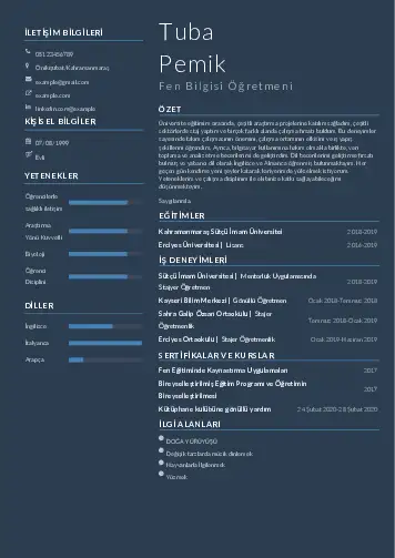 Fen Bilgisi Öğretmeni CV Örnekleri cv indir